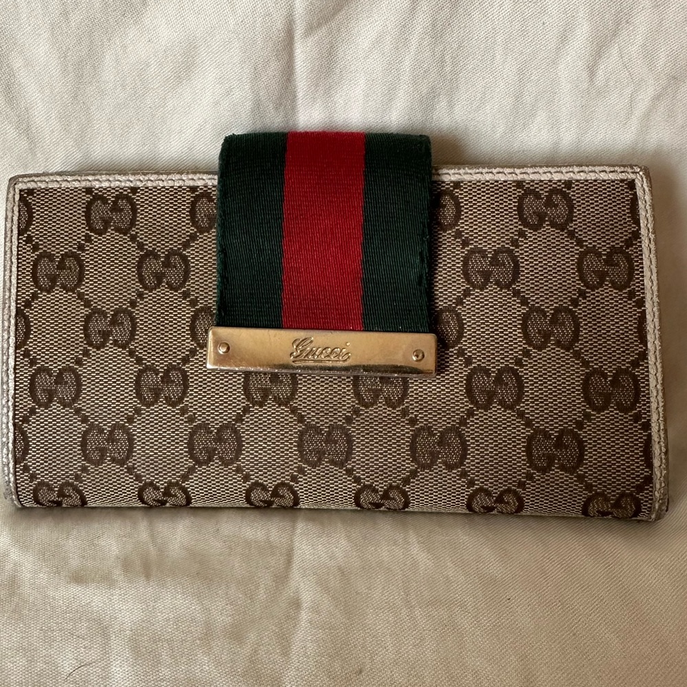 GUCCI Monogram Ladies Web GG Canvas Continental Wallet Beige